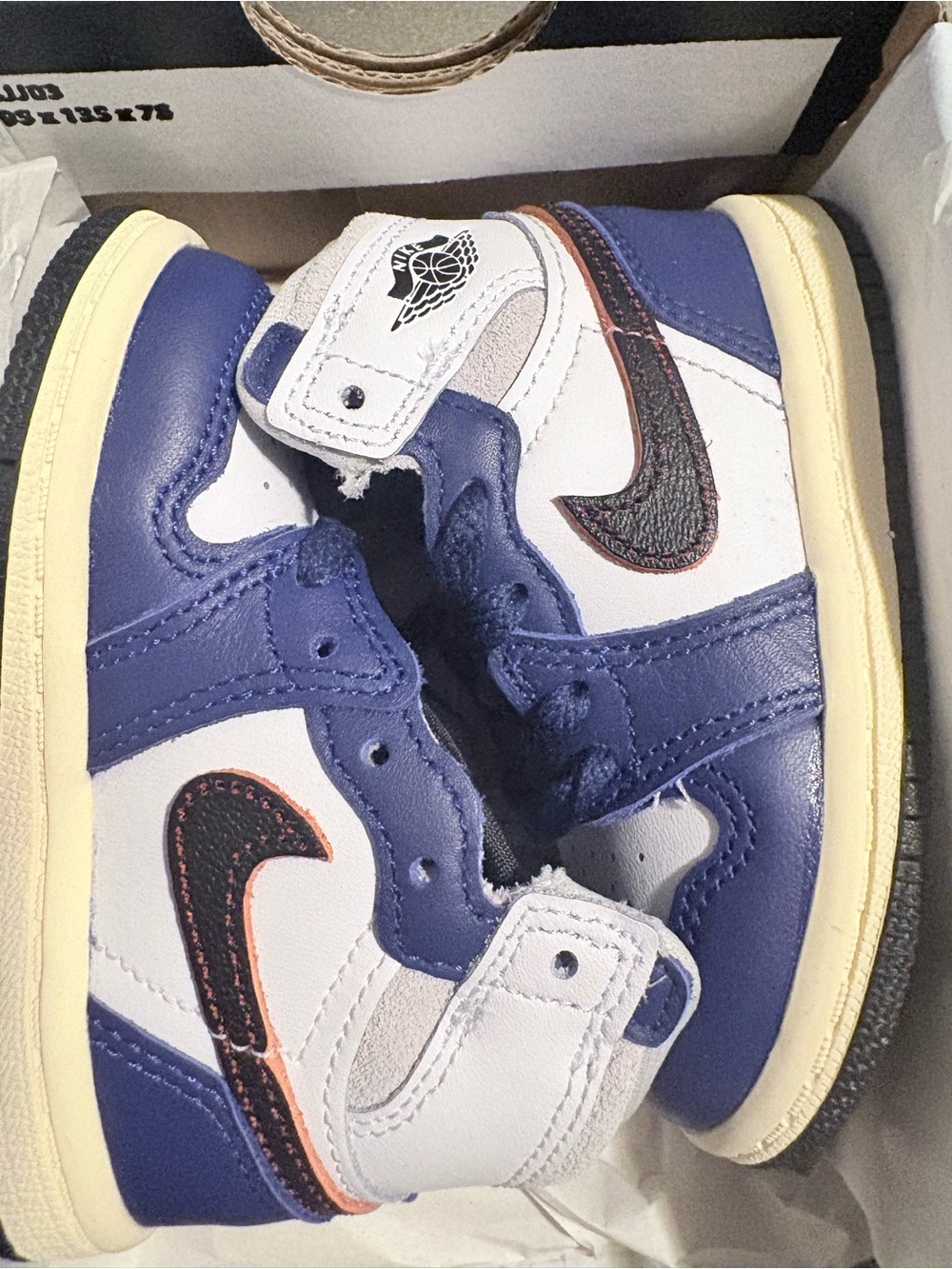 Jordan Kids High-Top Sneakers in Blue, White and Black with Orange Trim